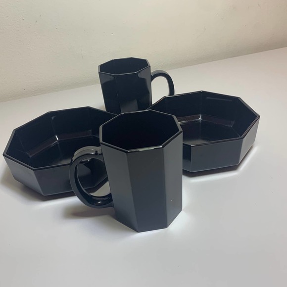 4 pc Set MCM Deco Arcoroc France Black Glass Octagon Mugs Bowls Arcopal Octime - Picture 3 of 14